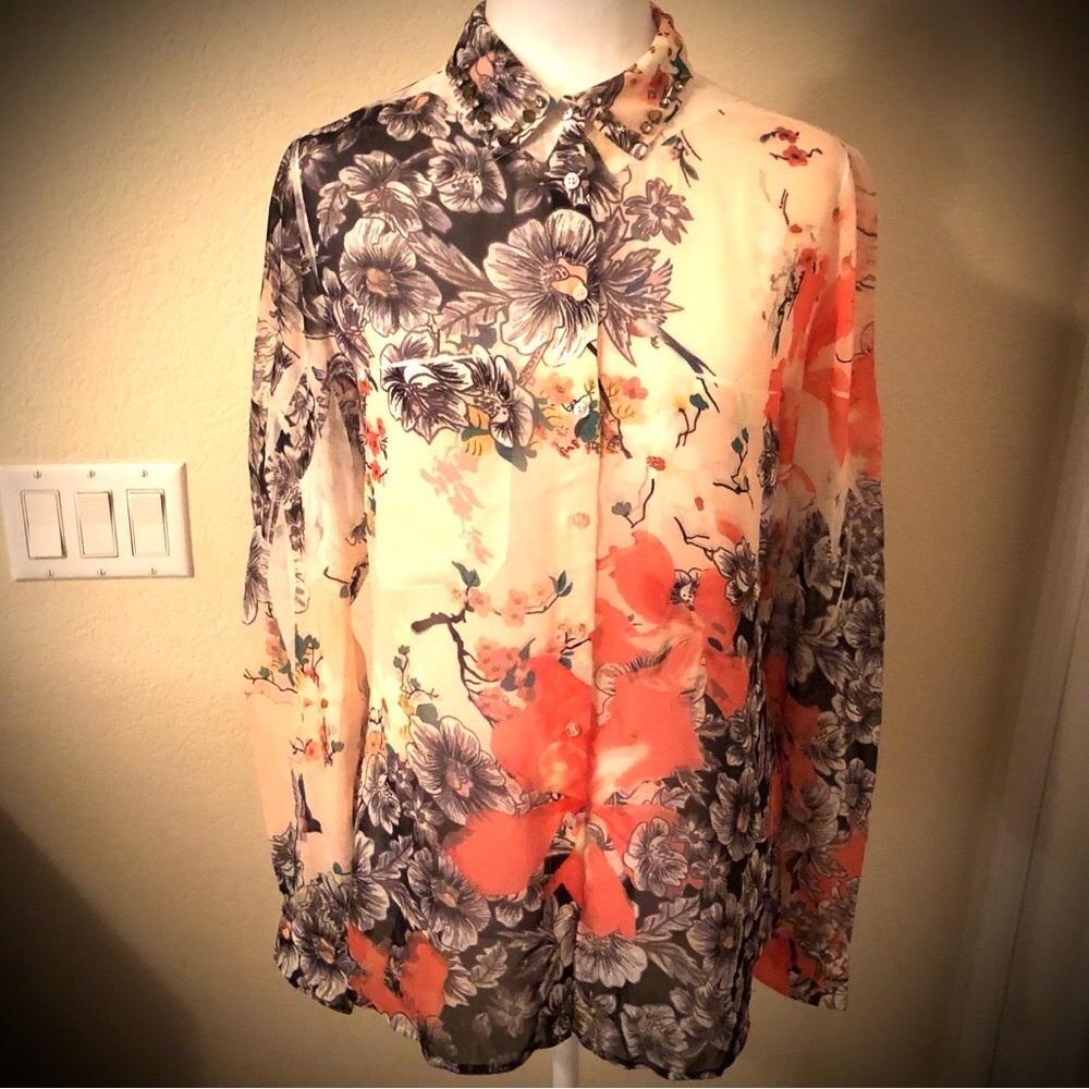 Guess Colorful Sheer Blouse with Pointed Grommets on Collar